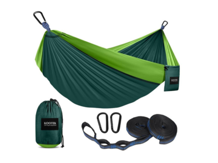 green hammock, storage bag and straps