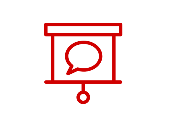 Red presentation screen with speech bubble icon